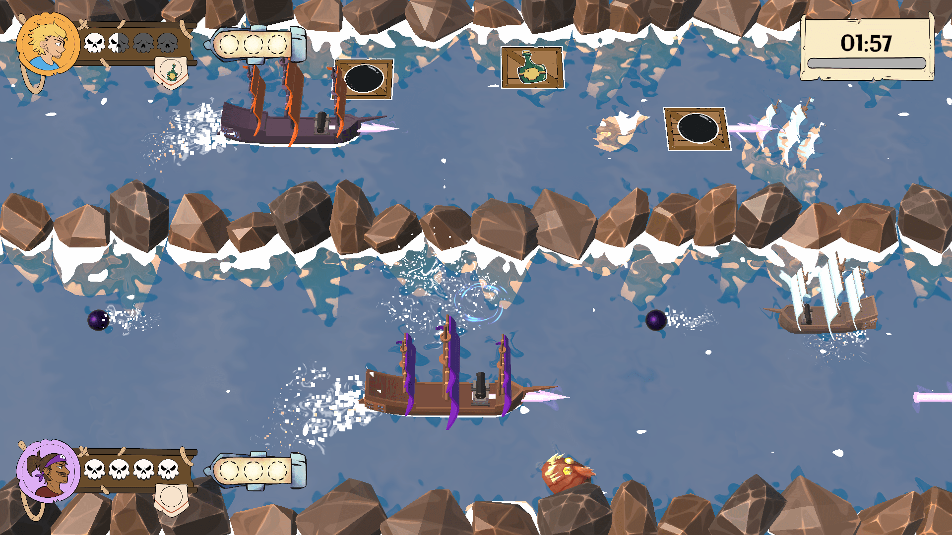 capture d'écran du jeu vidéo en 3D, l'écran est séparé en deux horizontalement, dans chaque partie un bateau pirate