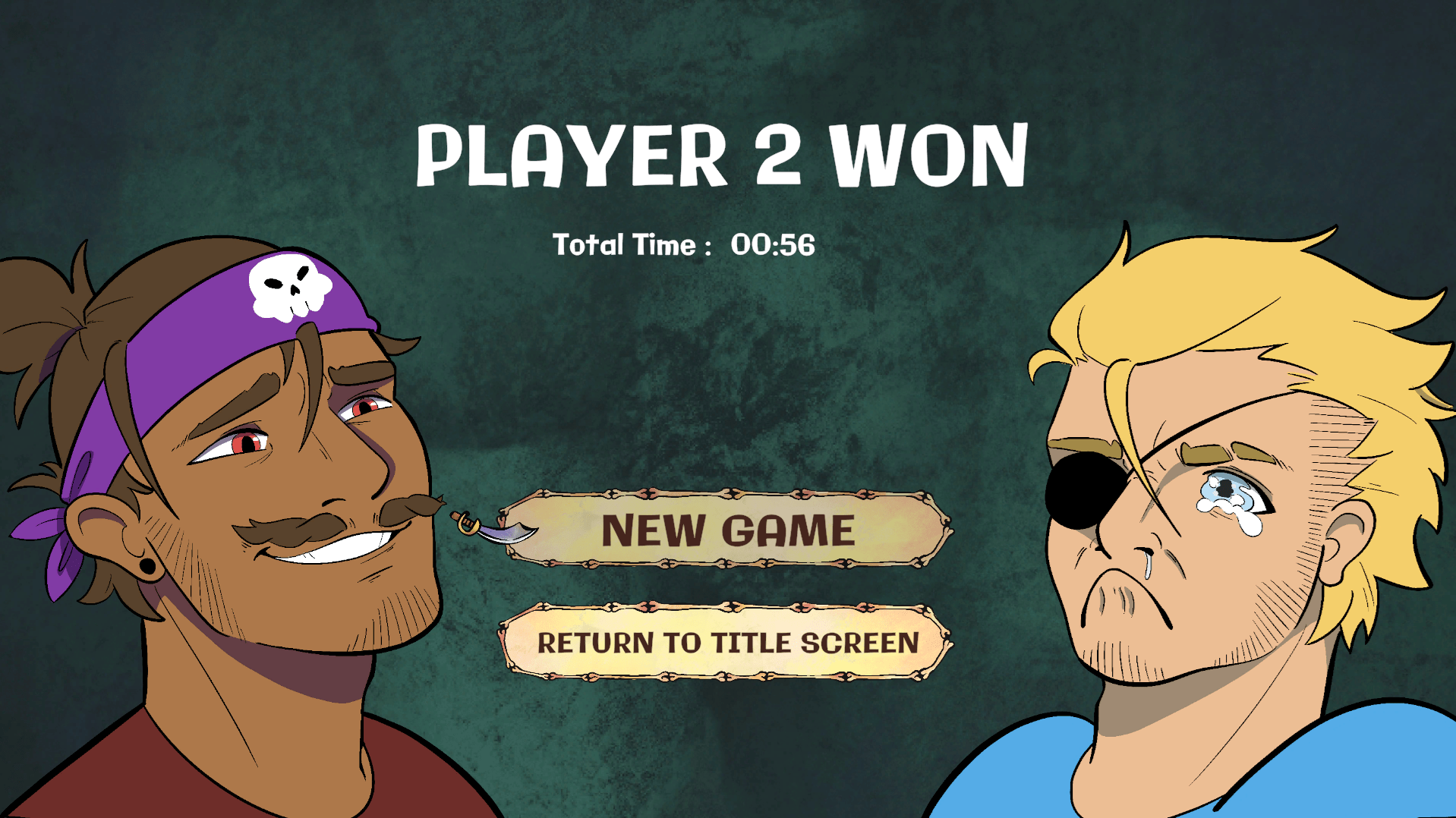 capture d'écran de l'écran de fin de partie du jeu, on voit un pirate rieur à l'air satisfait et un pirate triste à l'air vexé, on lit player 2 won