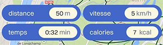 interface avec quatre boutons devant une carte, on peut y lire distance, vitesse, temps, calories