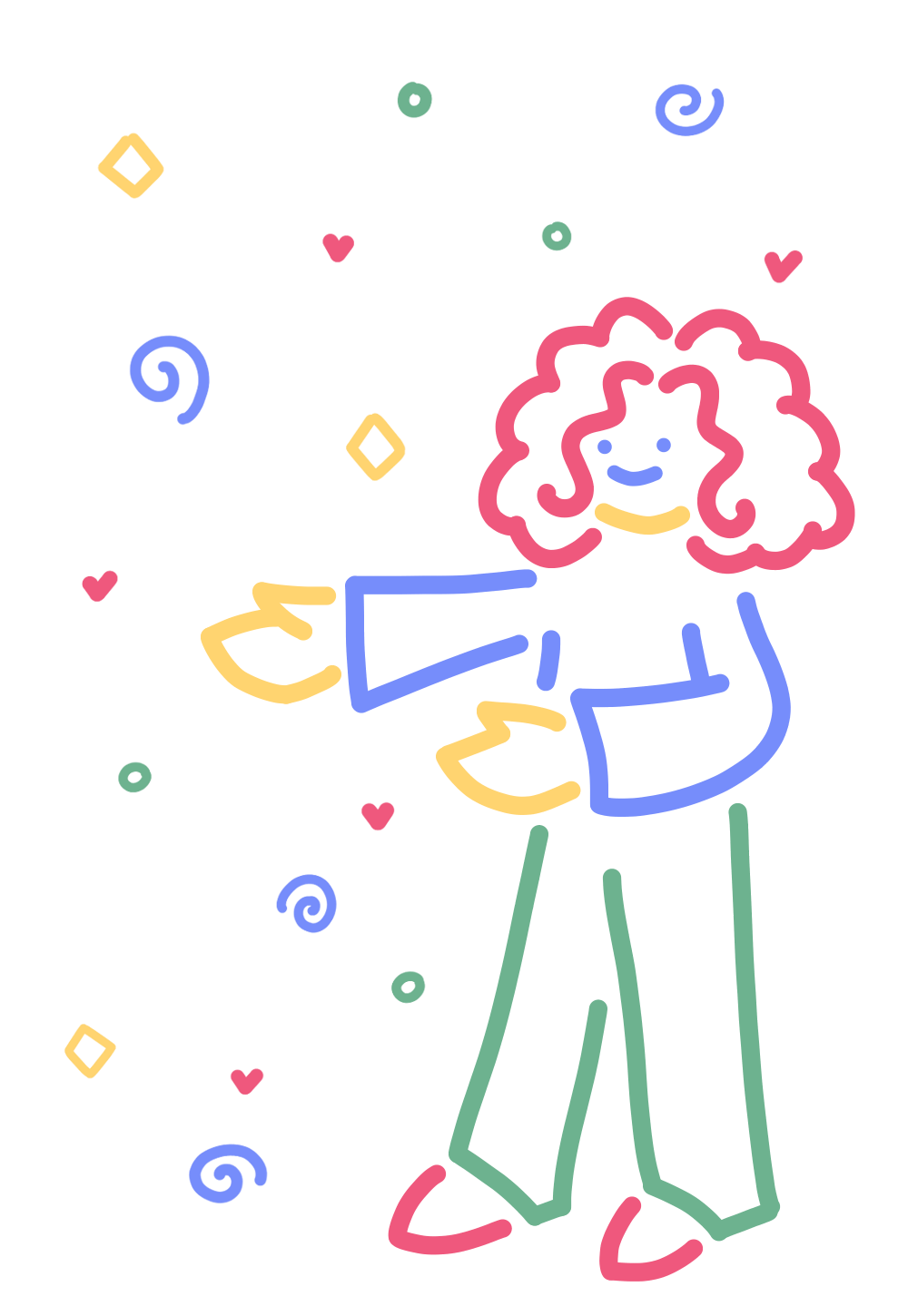 illustration colorée d'un personnage aux cheveux frisés qui pointe vers la liste de projets à sa gauche