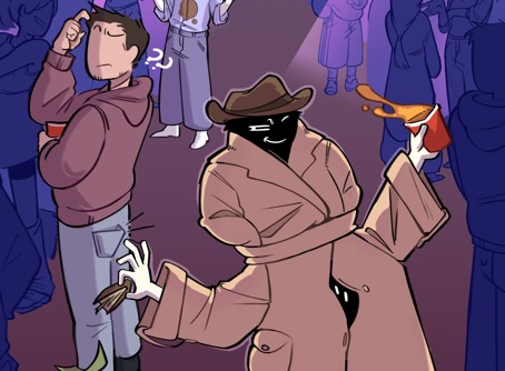 illustration de deux enfants empilés sous un trenchcoat qui volent un portefeuille en renversant un verre