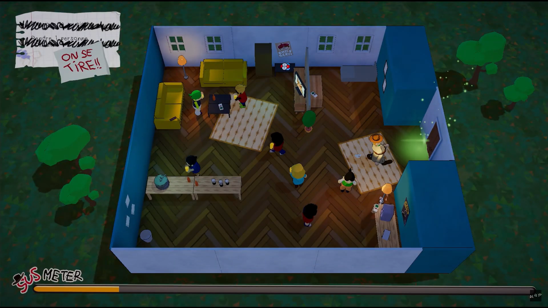 Capture d'écran du jeu 3D en vue du dessus, la scène se passe dans une petite maison remplie de plusieurs personnes. La liste d'objectifs est barrée, cachée par le message On se tire!!