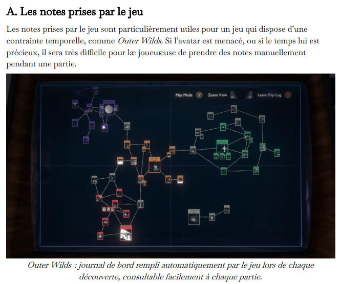 Capture d'écran d'une partie du mémoire, Les notes prises par le jeu. On voit une image du journal de bord du jeu Outer Wilds