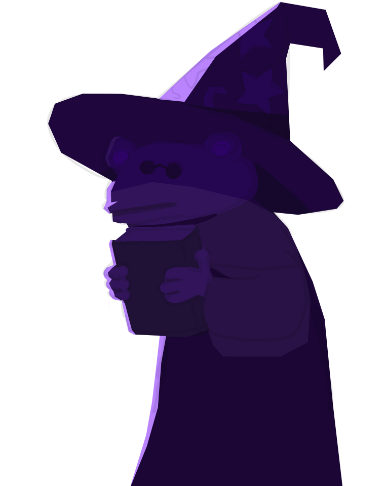 Illustration d'une grenouille anthropomorphique habillée en magicien qui tient un livre dans les mains