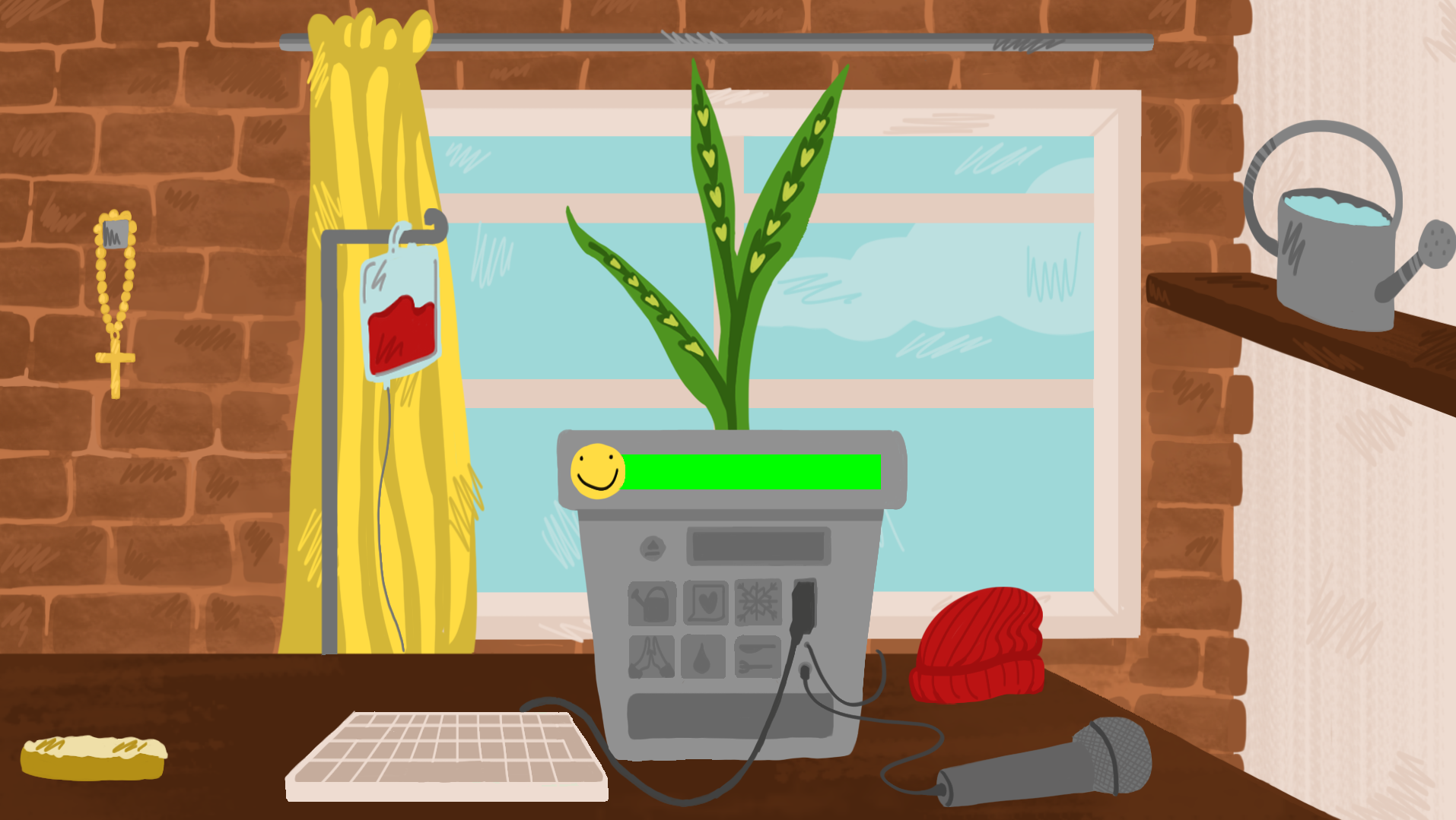 Capture d'écran du jeu Dessiné en 2D, on y voit une plante dans un pot en métal auquel sont reliés différents éléments, comme un clavier, un micro, une perfusion de sang.