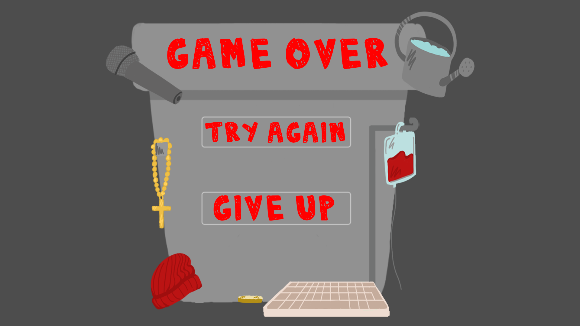 Capture d'écran de la fin du jeu, on peut lire Game over Try again Give up
