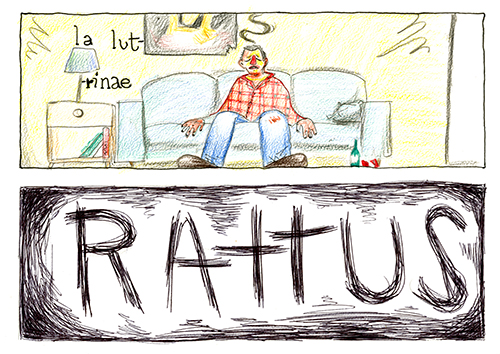 Deux illustrations en parallèle, la première au crayon de couleur montre un homme sur un canapé, la deuxième au stylo est un titre, rattus.