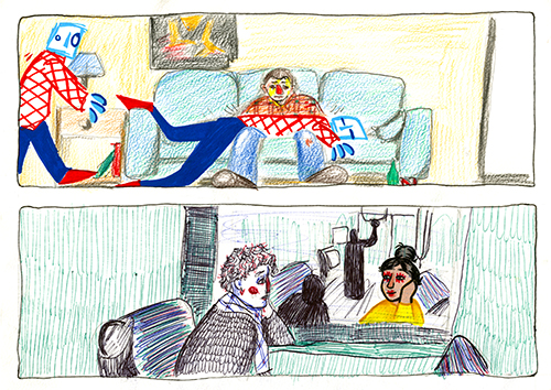 Deux illustrations en parallèle, la première au crayon de couleur montre un homme sur un canapé, la deuxième au stylo montre un homme dans le métro