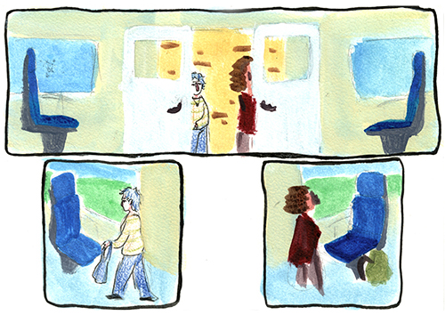partie d'une planche de BD à l'acrylique de deux personnages qui prennent le train.