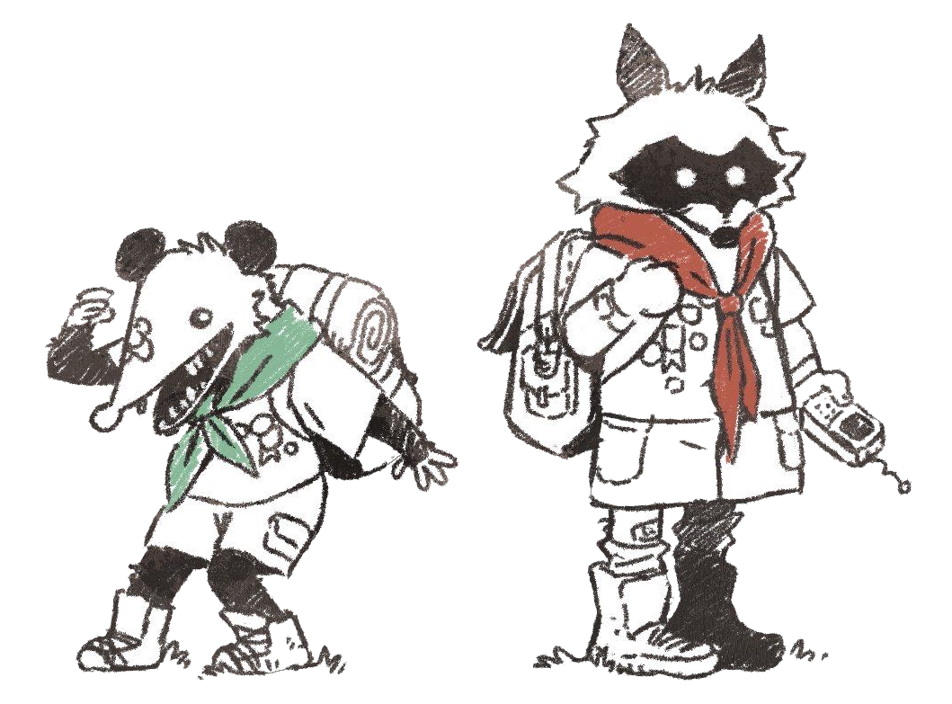 illustration d'un oppossum et un raton laveur anthropomorphiques habillés comme des scouts
