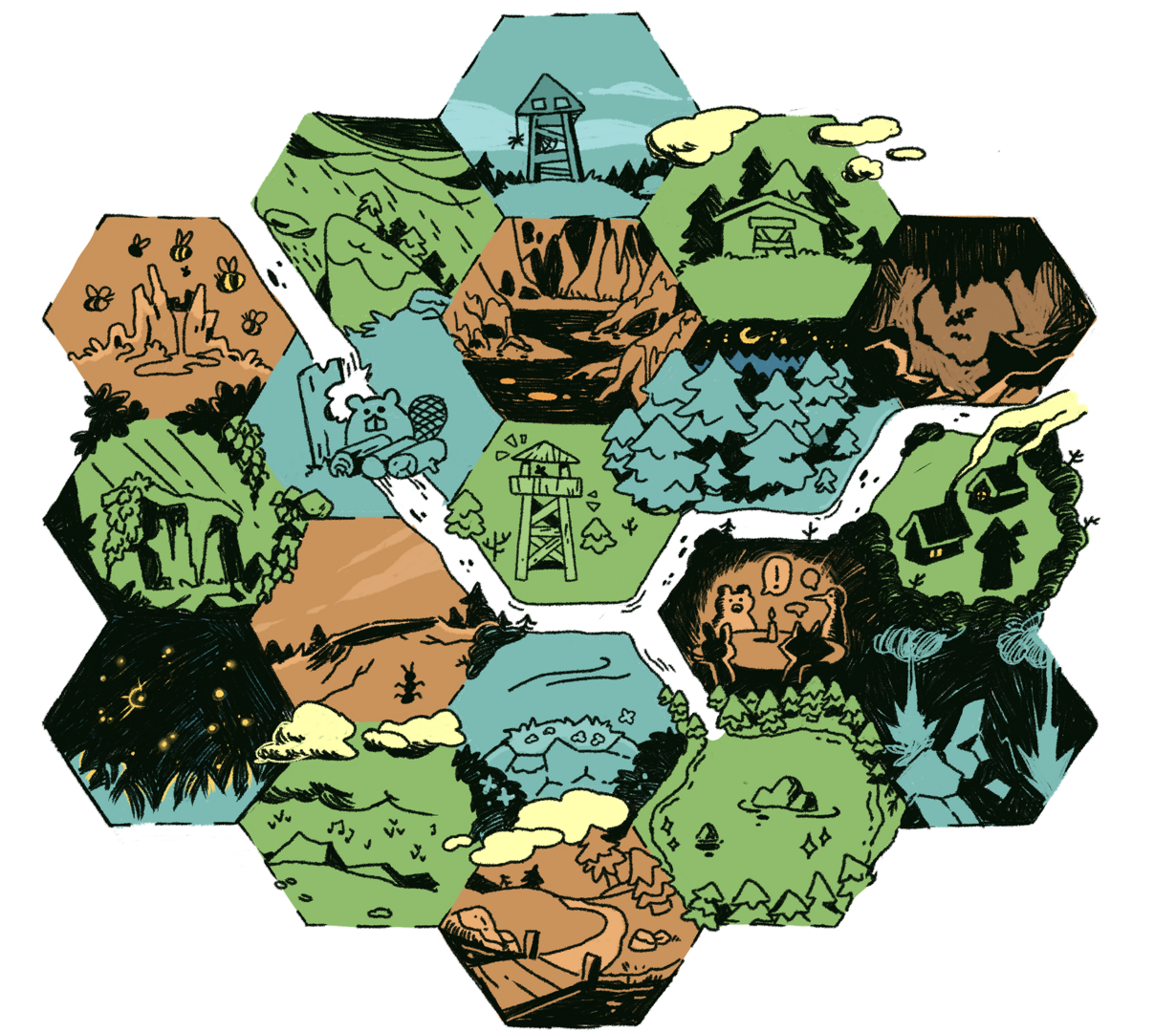 Illustration d'une carte hexagonale représentant différents lieux, on y voit une rivière, des animaux, des bâtiments, des montagnes, etc