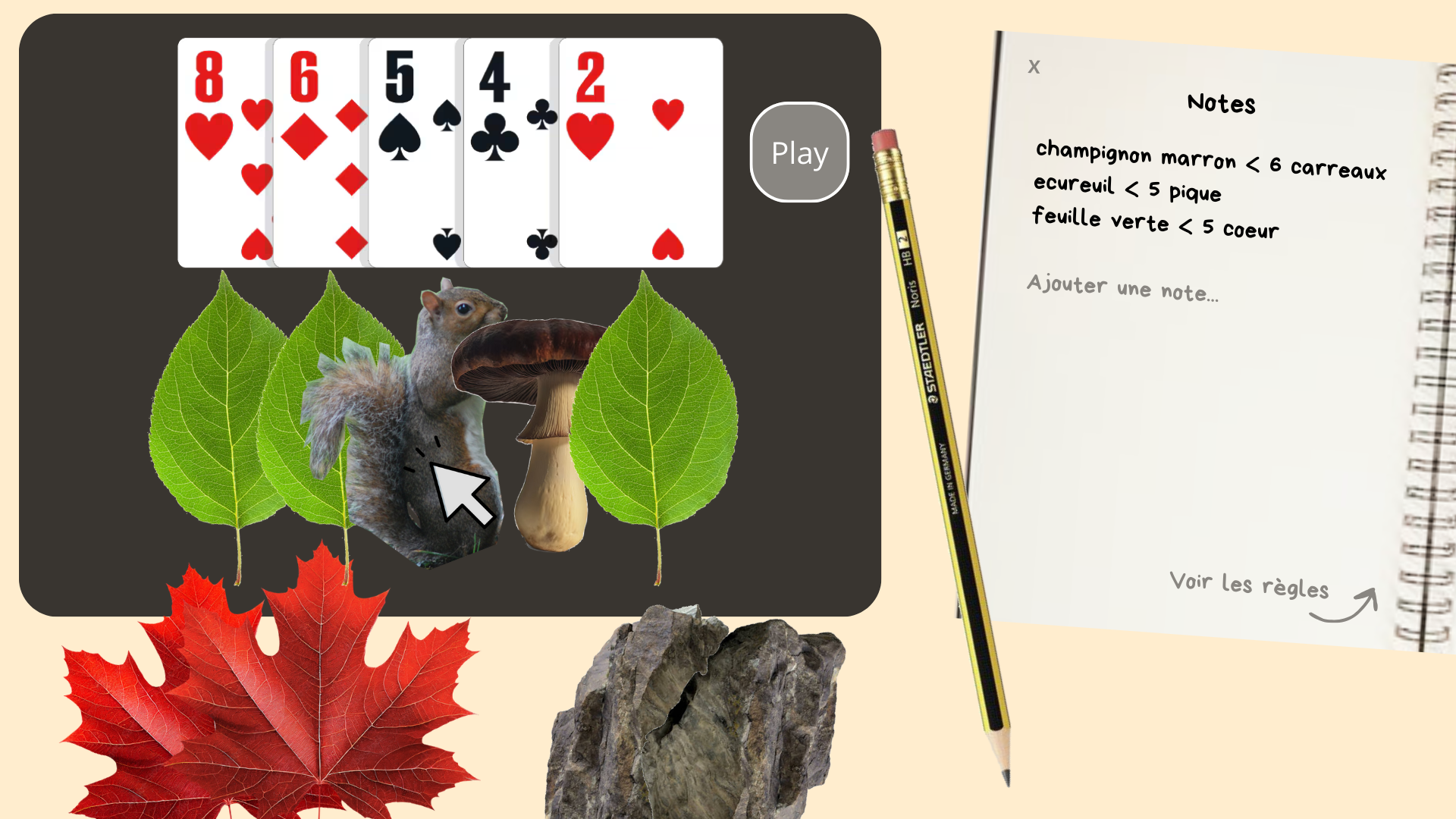 Capture d'écran de mockup du jeu, on y voit une bataille de cartes, mais les cartes d'un côté sont en réalité des feuilles, un écureuil, et un champignon. Sur le côté, un carnet de notes