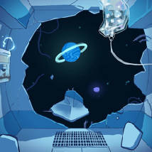 illustration de l'intérieur d'un vaisseau spacial dont le mur est troué, on voit une planète par le trou