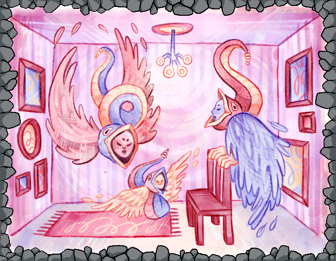 Illustration d'une pièce surréaliste remplie de chimères semblables à des harpies