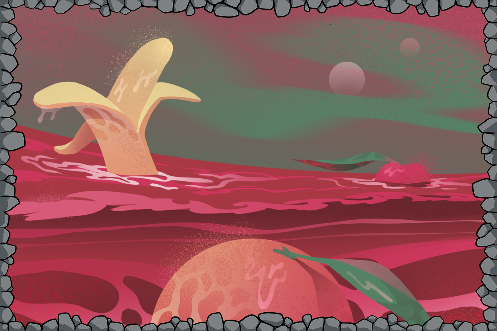 Illustration de fruits gigantesques flottant dans une mer dont l'eau est rouge