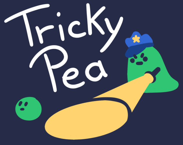 Illustration d'une limace verte avec une casquette de police qui tient une lampe de poche, un petit pois avec un visage se tient hors du faisceau lumineux. Le titre Tricky Pea est écrit au dessus