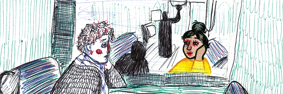 dessin de deux personnes face à face dans le métro, se voyant à travers la vitre
